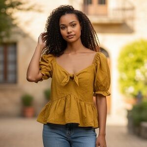 Women's Siena Sky Yellow Puff Sleeve Tie Front Crop Top M